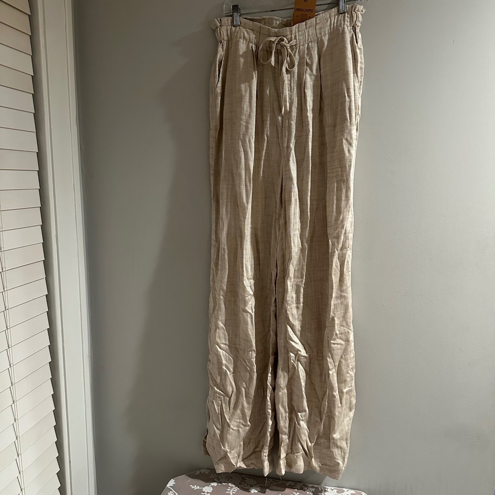 NWT Thread Supply Linen Blend Wide‎ Leg Pants Natural Wheat Drawstring Waist L